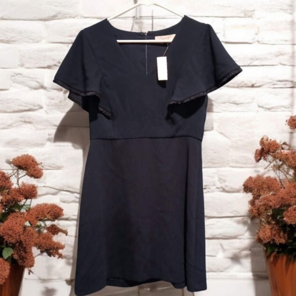 Ann Taylor LOFT Navy Mini Dress Womans 6 Flutter Cap Fringe Sleeves NWT